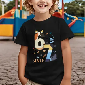 67 Kids T-Shirt 2026, Six Seven Blue Dog Boys Girls Short Sleeve Tee, Cute 67 with Cartoon, Soft Cotton Casual Shirt for Young Teen, Birthday Party Outfit