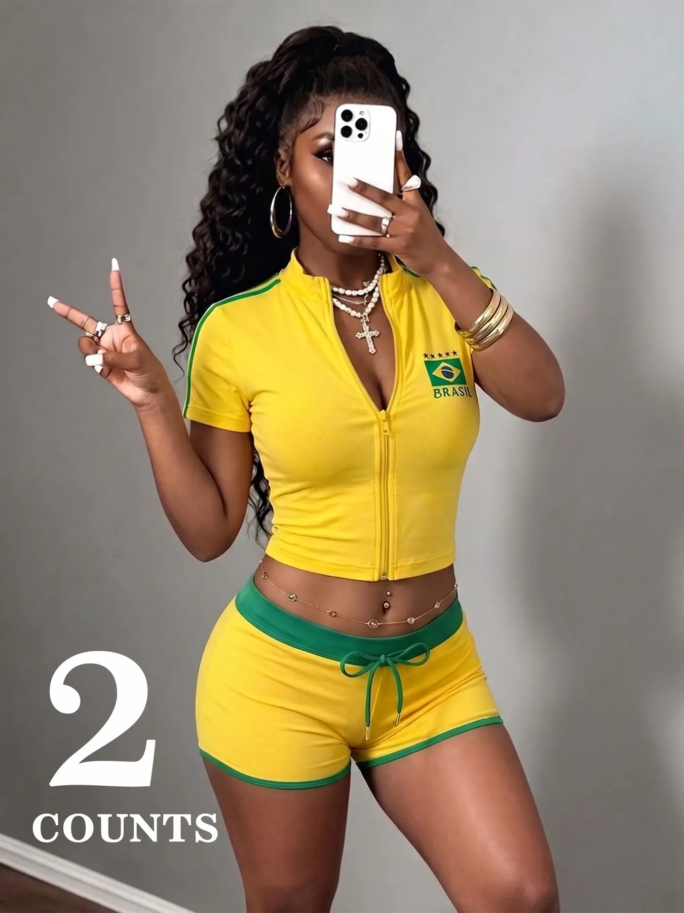 Women's Zipper Tight Top and Shorts Set, Clothes, Fitted, Letter Brazilian Print, Colorblock Design, Casual Everyday Streetwear, Trendy Urban Fashion, Casual Outfit Set