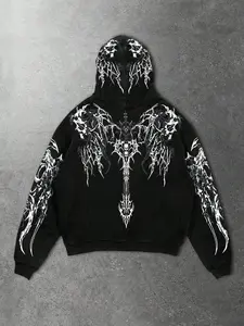 Dark Metal Gothic Rock Hoodie Sweatshirt, Skull Cross Full Print, High Street Loose Fit, Casual Pop Art Style, Fall & Winter Fashion