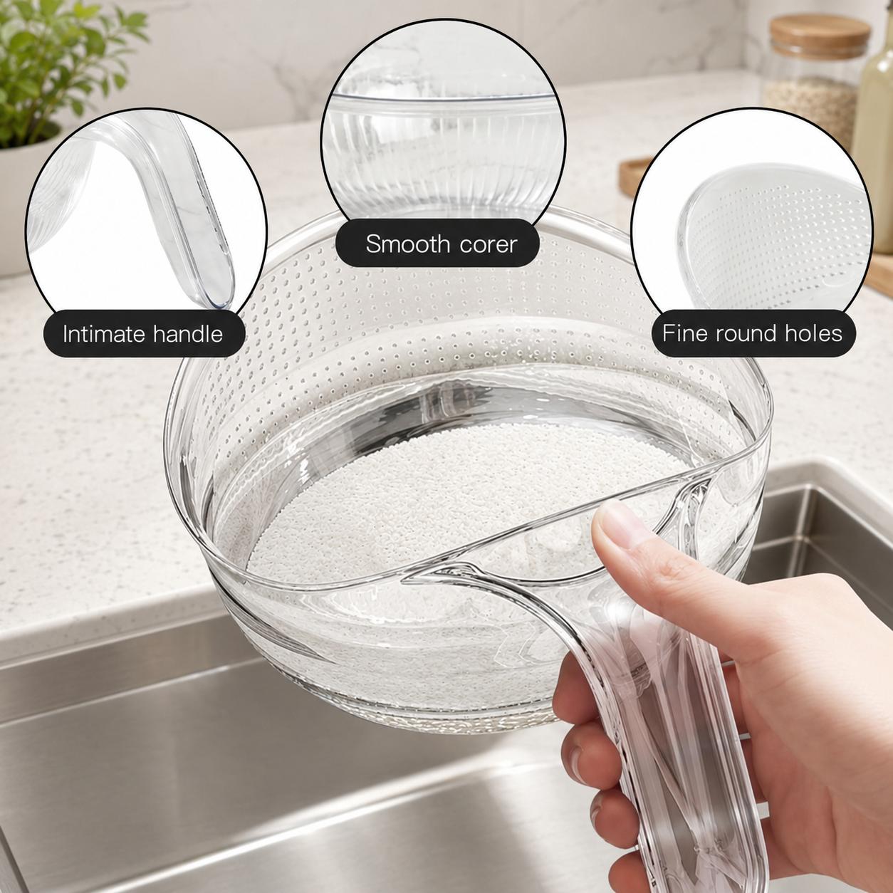 Aesthetic Multifunctional Rice Strainer with Handle - Sturdy BPA-Free Transparent Plastic Kitchen Utensil, Colander for Draining Vegetables, Fruits, Coffee Dispenser Set