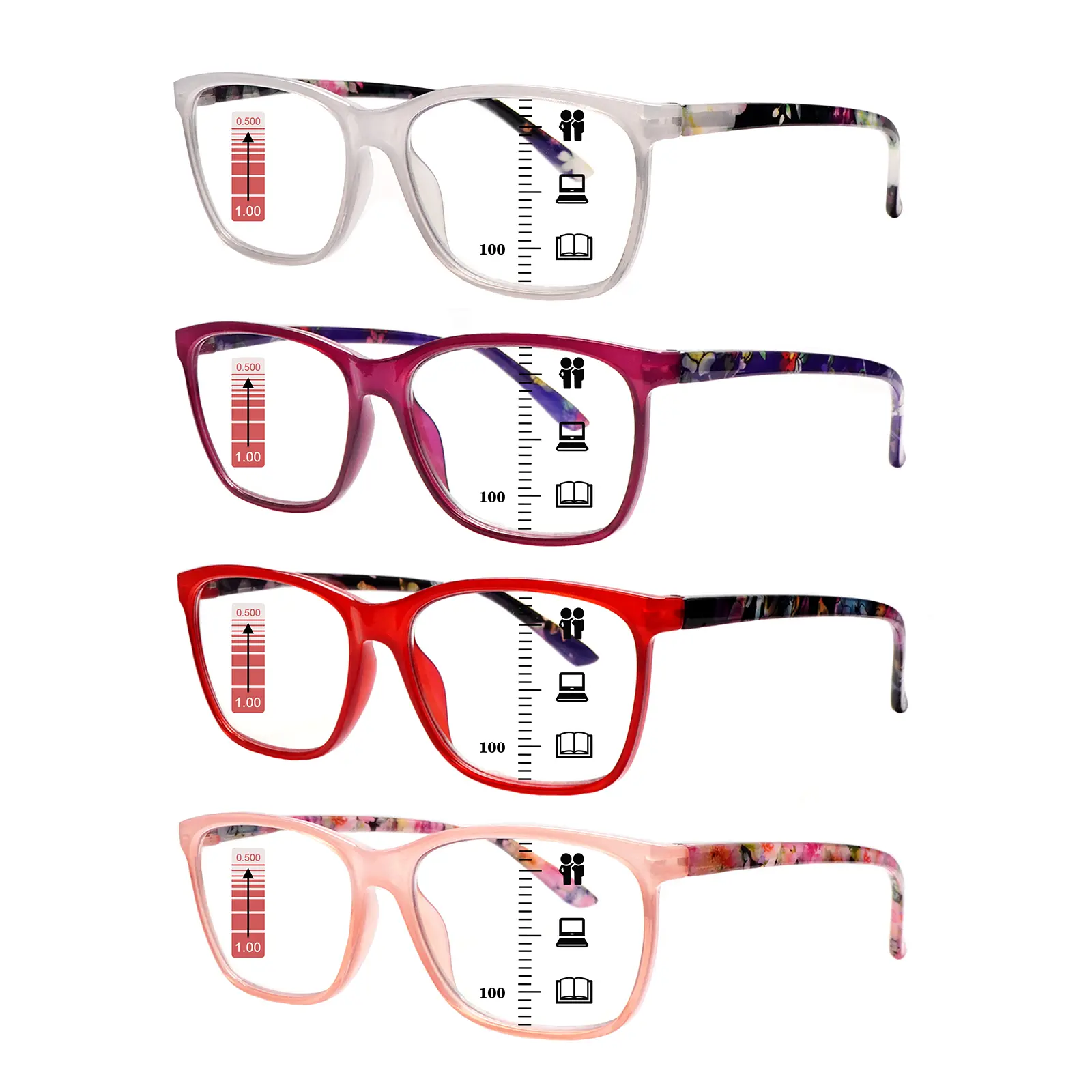4 Packs of Women's Progressive Multifocal Reading Glasses, Blue Light Blocking Quality Eyeglasses for Computer & Video Games with Durable PC Frames, Lightweight Durable Glasses, Friends, Family, Female, Gift, Set Box, Polycarbonate