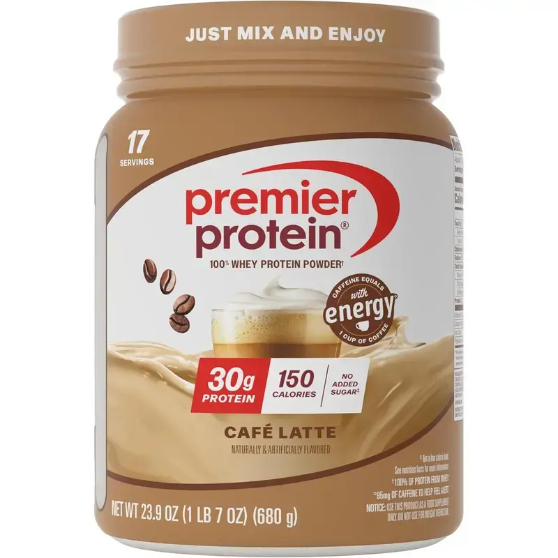 Premier Protein Powder Café Latte – 30g Protein, 95mg Caffeine, 23.9 oz
