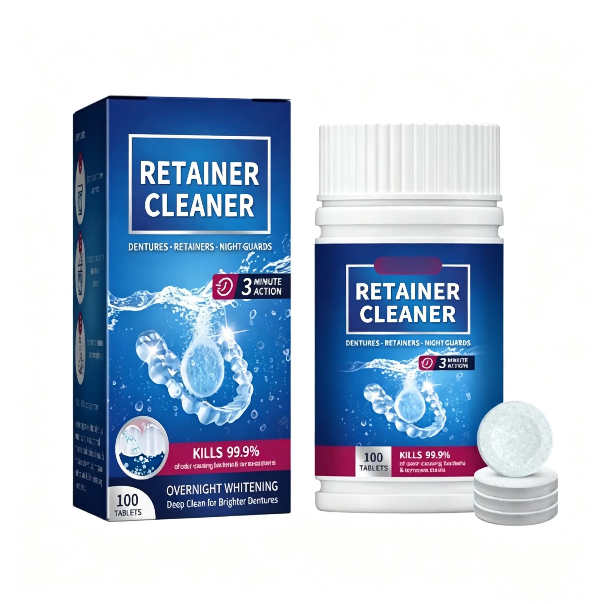 Retainer Cleaner Tablets, Denture Cleaning Tablets for Aligners Night Guards, Deep Clean Fresh Breath Oral Care 100 Counts