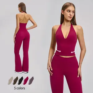 NVWA  Women's Summervibes 2-Piece Athleisure Workout Set - Sleeveless Deep V Backless Tank Top & High-Waisted Flared Pants, Skin-Friendly Breathable Summer Sportswear, Suitable for Gym & Yoga, 2 Piece Sets, Workout Sets For Women Outdoor Fun,summervibes
