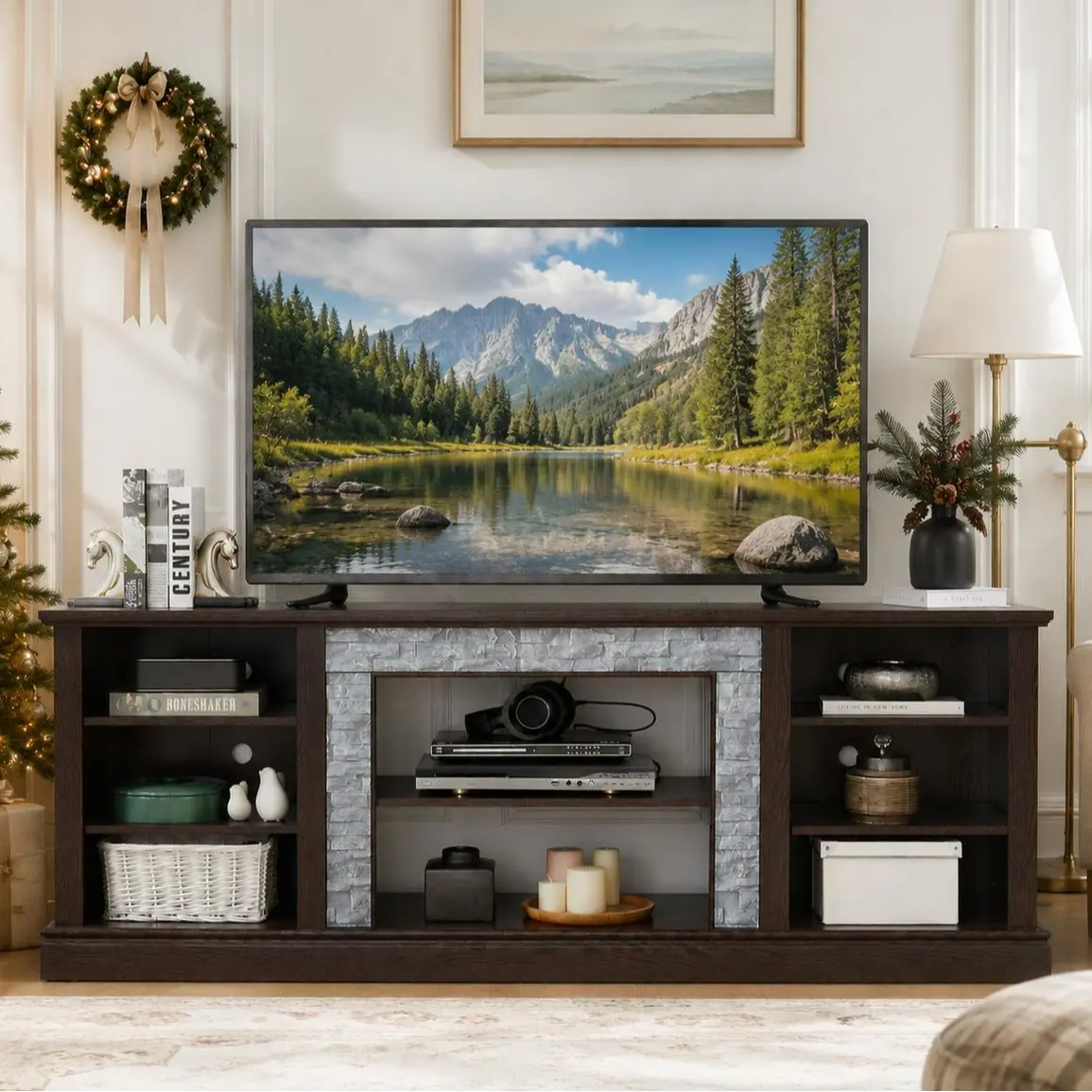 Eyisean 70" Modern Wooden TV Stand - Realistic Stacked Stone Surround, TV Cabinet Table with Adjustable Shelf & Open Storage, 75" Capacity, Living Room Furniture Media Console, Tv Shelf, Fish Tank Cabinet For Living Room