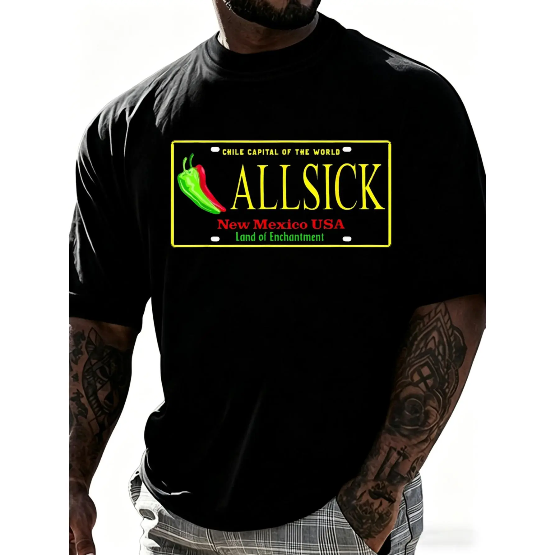 "Allsick" Men's Cotton T-Shirt - New Mexico Green Chile License Plate Print, Chile Capital of the World, Land of Enchantment, Athletic Fit, Twill Accents, Christmas/Easter/Chinese New Year Themed Tops, Crew Neck, Chili Men's Short-Sleeve T-Shirts