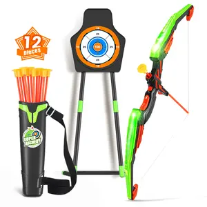 Bow and Arrow for Kids, LED Light Up Archery Set with 12 Suction Cup Arrows, 1 Standing Target, 3 Score Targets & 1 Quiver, Indoor Outdoor Sport Gifts for Boys Girls Ages 4-12, Green