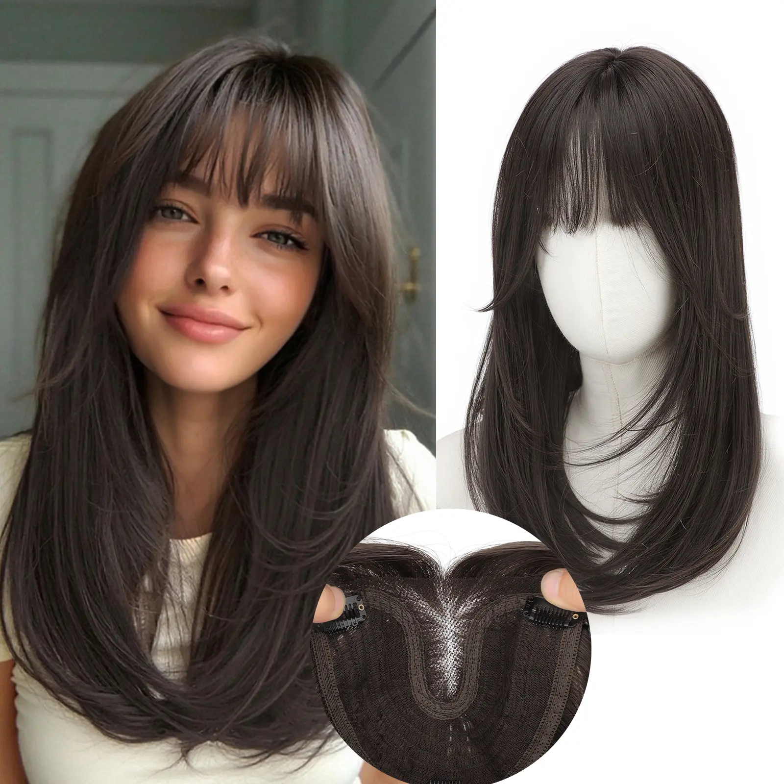 ONLYCUTE Hair Topper with Bangs 18 inch Synthetic Slightly layered Hair Piece No Wig Cap Required Large Hair Piece Natural Invisible hair toppers for Women #summervibes