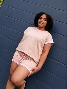 Taupe/Pink Stripe 2 Piece Short Set