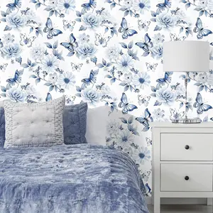 Blue Butterfly and Flower Wallpaper Roll, Fresh Elegant Style, Easy Peel and Stick, Moisture-Proof, Home Decor, Living Room and Bedroom