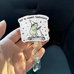 Funny Frog Badge Reel | Off to Commit Tomfoolery ID Holder | Cute Scooter Frog Badge Clip | Nurse Teacher Office Badge | Frog Lover Gift