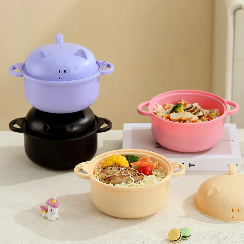 McKenna Cute Pig Large-Capacity Wheat Ramen Bowl Set - Microwave-Safe, with Lid, Fork, Strainer, Kitchen Cookware Pots, Suitable for Office, School Use