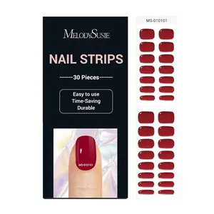 30PCS Semi Cured Gel Nail Strips, Red, Gel Nail Stickers Work with Any Nail Lamps, Salon Quality, Long Lasting, Easy to Apply and Remove, Includes 2 Prep Pads, Nail File and Wooden Stick