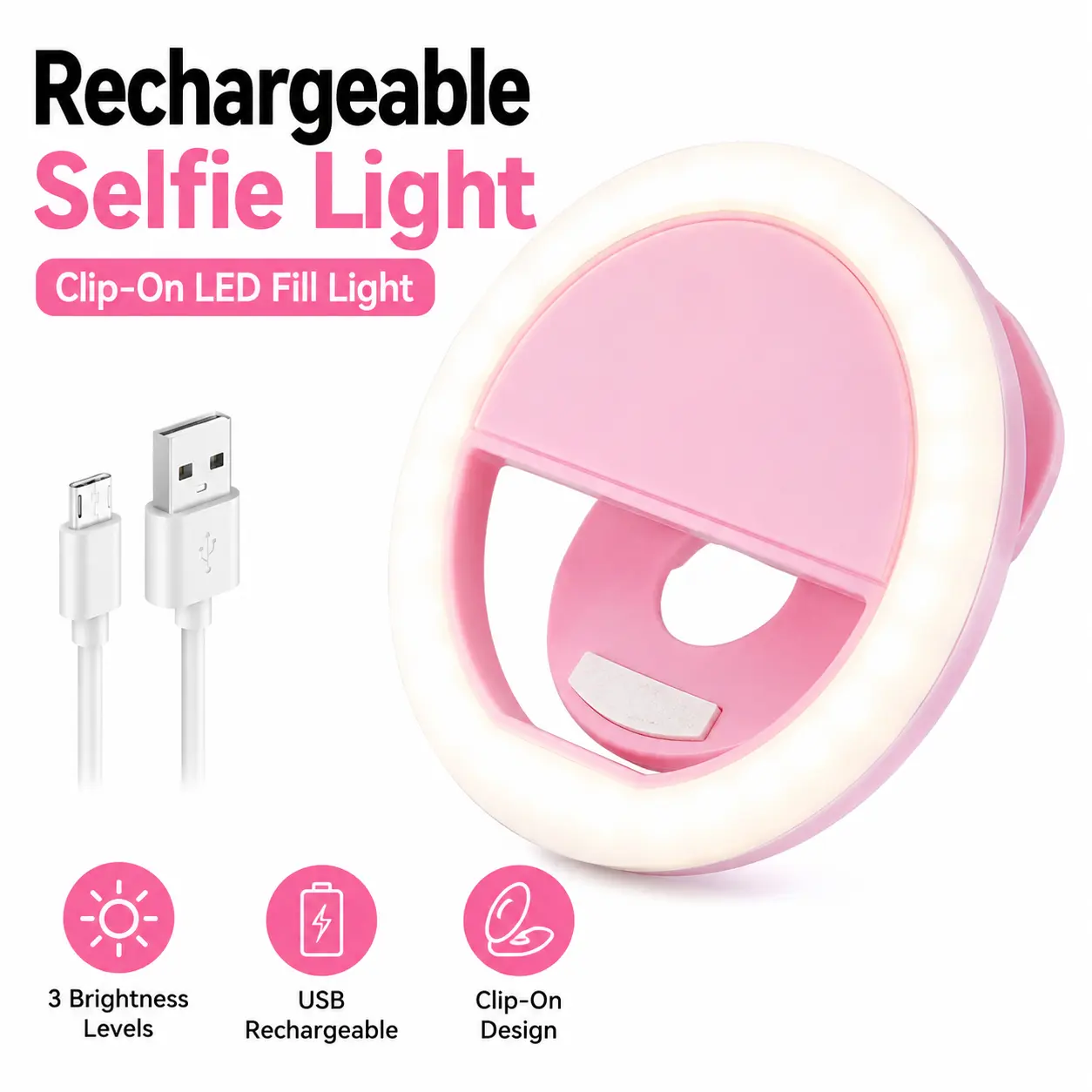 Rechargeable Clip-On Selfie Light, LED Fill Light for Phone, Laptop & Tablet, Portable Camera Light for Content Creation, Video Calls & Streaming
