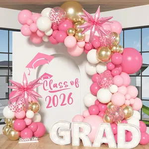 142pcs Pink Balloon Garland Arch Kit, Pink and Gold White Balloons with Graduation Decorations Class of 2026 Confetti Star Foil for College Birthday Congrats Grad Shower Wedding Party