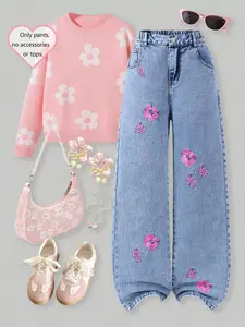 Fashion Girls Wide Leg Jeans, Classic Straight Fit, Embroidered Floral Details, Modern and Vintage Blend, Casual Denim Jeans, Floral Pants, Denim Embroidery Jeans