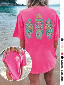 Women's Cartoon Surfboard & Shell Print Round Neck Tee, Casual Short Sleeve T-shirt for Beach Vacation, Ladies Clothes for All Seasons, Top, Casual Everyday Wear, Summer