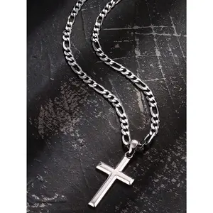 Cross necklace for men women 5mm strong diamond-cut stainless steel Figaro link chain pendant necklace bevelled edge cross chain necklace jewelry 18-22 inches