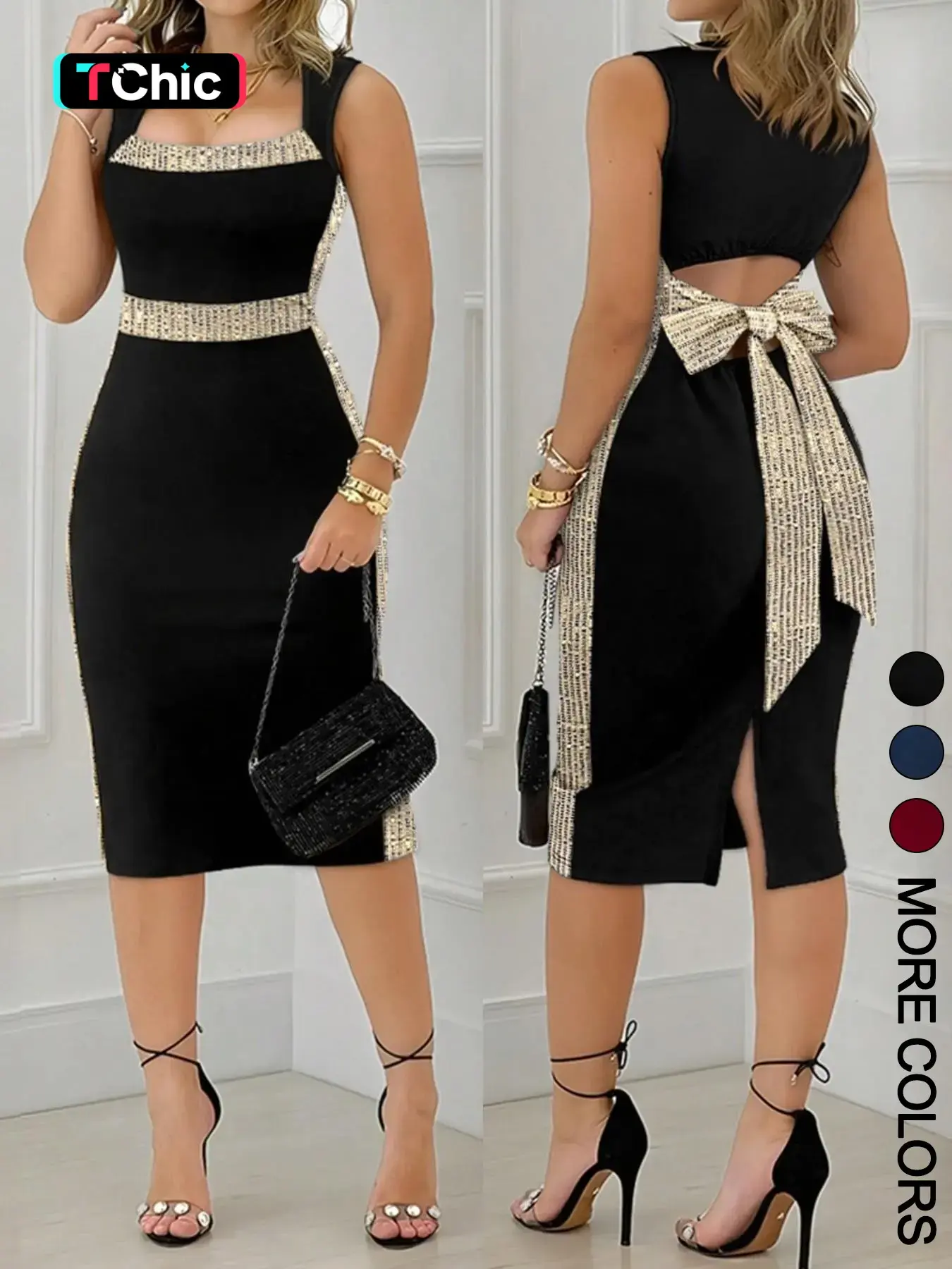 Women's Gold Sequin Square Neck Sleeveless Evening Dress Formal Wear, Back Cutout Large Bow Bodycon Split Slit Midi Skirt, Elegant Cocktail Party Gown Fitted Womenswear, Cocktail Party Dresses