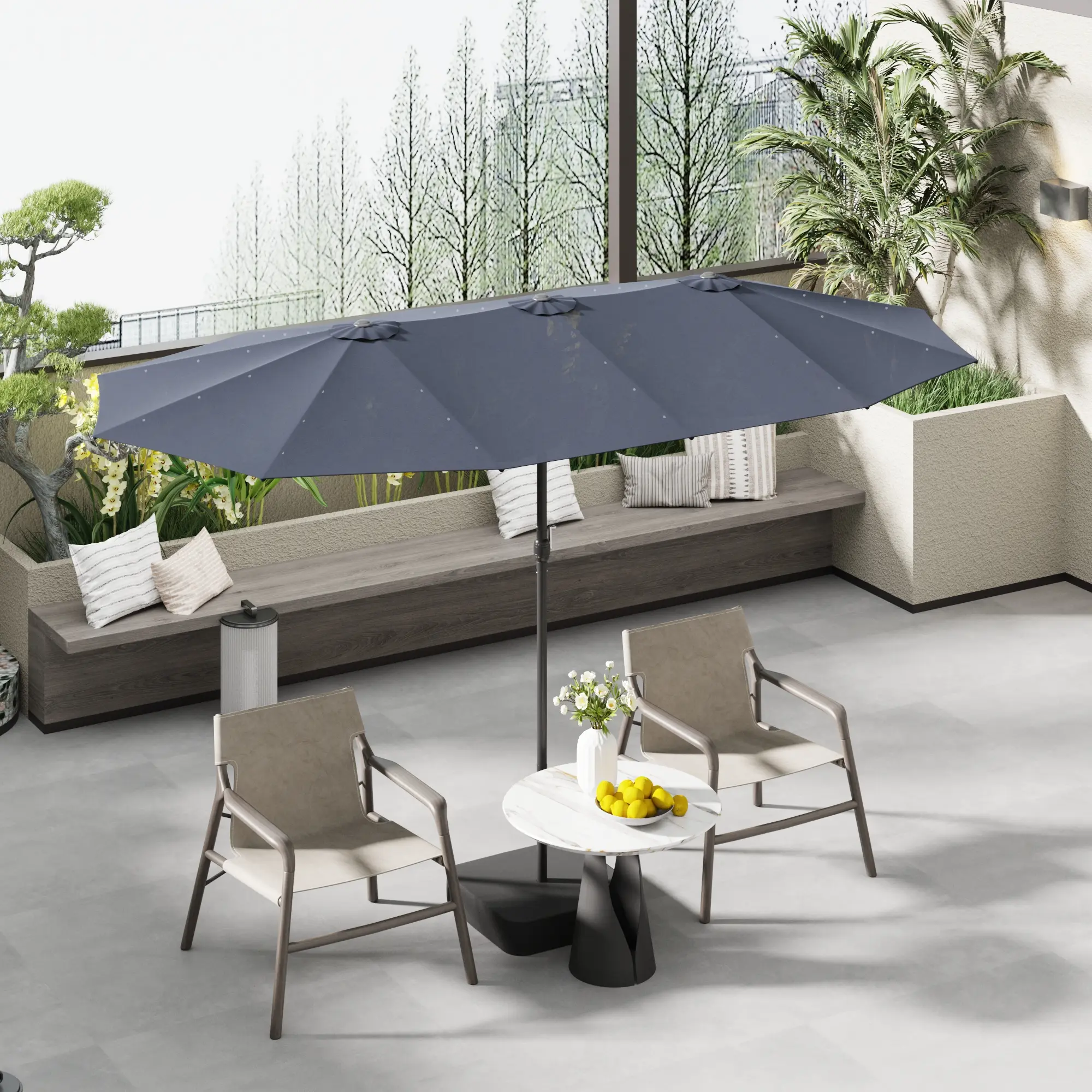FUFU&GAGA Eco-Friendly Dual Canopy Outdoor Umbrella with Solar LED Lights Evening Enjoyment Design Modern Aesthetic Patio Parasol