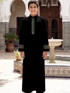 Moroccan Style Children Thobe with Gold Embroidery, Stand Collar Zipper Robe, Festival Prayer Clothing, Elegant Kids Long Dress