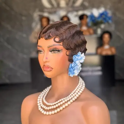 ShowRealHair 9012 Finger Wave Wigs Short Curly Wavy Pixie Cut Wigs For Black Women Finger Wig Remy Human Hair Glueless Wig No Lace Wigs for Black Women