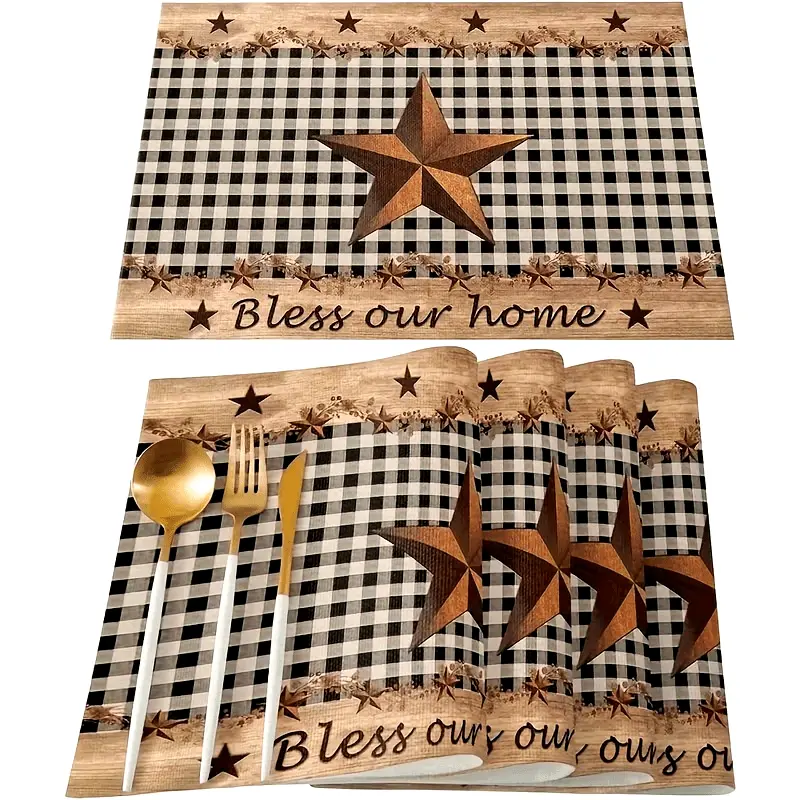 Farmhouse Star Motif Placemats - Kitchenware, Multiple Sets (1/4/6pcs), Classic Black & Tan Plaid, Retro Simplicity, Large Size, Holiday Decor for Dining Room Home Accents, Lightweight