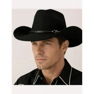 Unisex Classic Black Lightweight Felt Cowboy Hat with Bold Metal Horsebit, Wide-Brim for Western Parties, Music Festivals, Outdoor Adventures