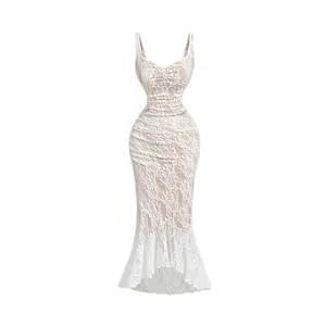 Lace Bodycon Fishtail Midi Dress Graduation Prom Wedding Guest Y2K Ruched Asymmetrical Summer Dress