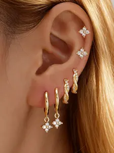 3 Pairs Elegant Geometric Flower Earrings Set, Copper Artificial Zircon, Daily Wear, Party, Wedding Gift for Women