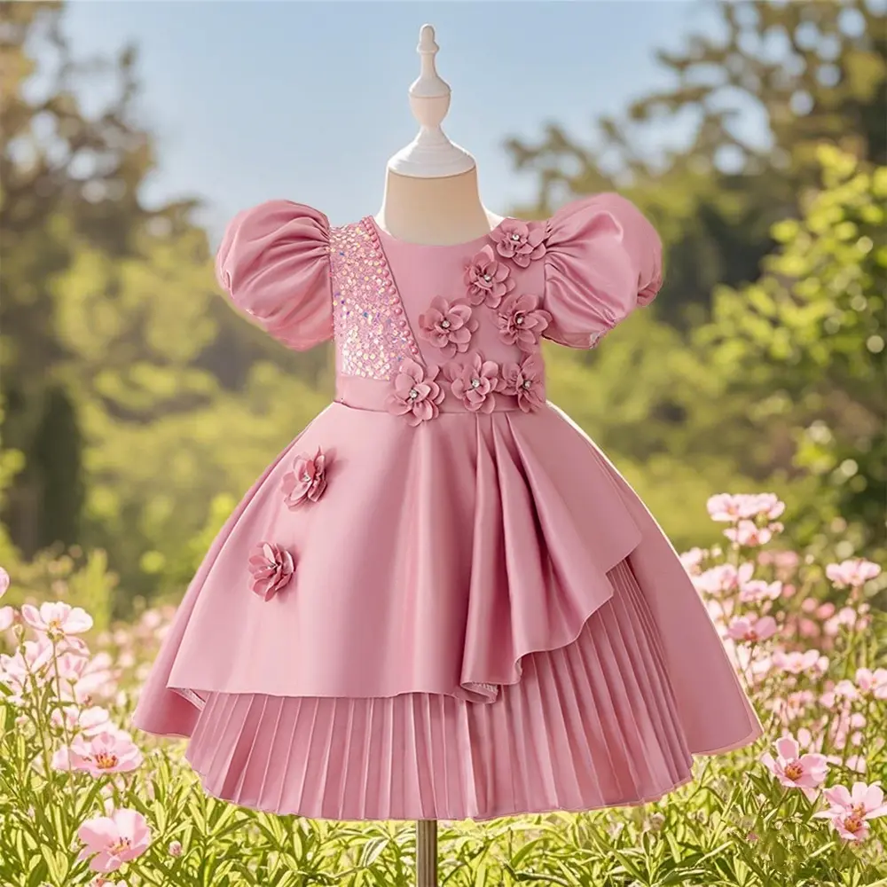 008 Layered Tulle Princess Party Dress For Teens Flower Girl Wedding Formal Gown Flower Embroidered Dress Children's Princess Rose Pink Dress