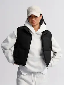 Women's Short Winter Warm Down Cotton Vest, Stand Collar Zip Design, Loose Fit Casual Fashion, Sporty Daily Wear