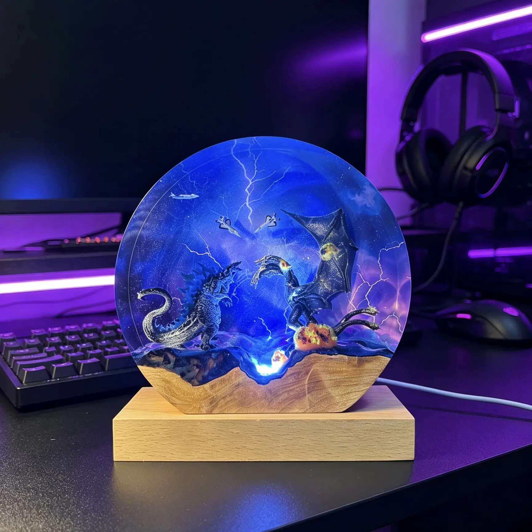 Handmade Resin Lamp GoziIIa Resin Night Light Godzilla vs King Ghidorah Epoxy & Solid Wood LED Desk Lamp, 3D Monster Battle Diorama with Lightning Effect, USB Powered Ambient Lamp for Gaming Room Decor, Great Gift for Boyfriend Gamers Desktop Decor