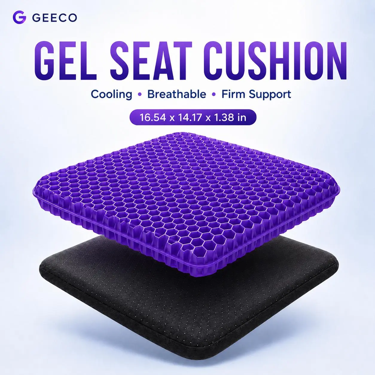 GEECO Purple Gel Seat Cushion, Firm Honeycomb Cooling Seat Pad with Non-Slip Cover, 16.54 x 14.17 x 1.38 in, Washable Cushion for Office Chair, Car Seat, Home & Summer Sitting Comfort