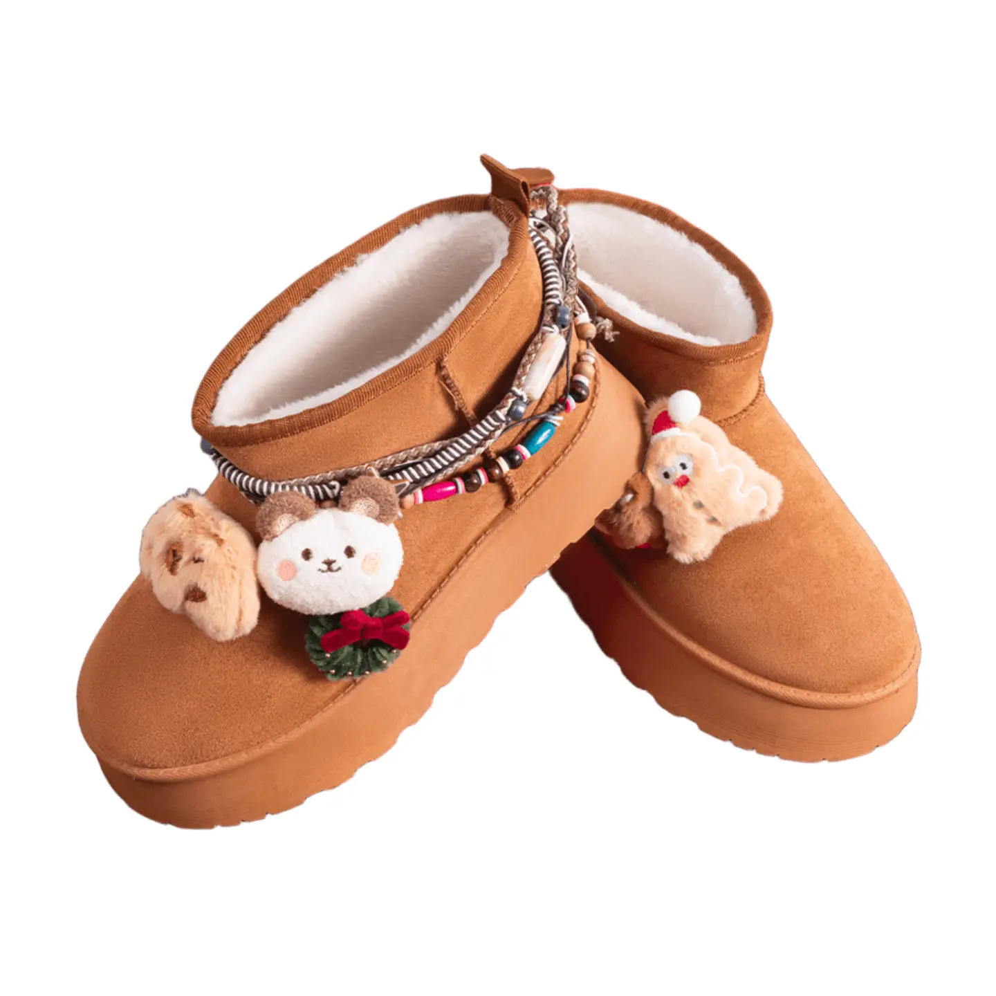 Musshoe Women’s Cozy Fur-Lined Winter Ankle Footwear, Cute Platform Slip-On Boots with Holiday Charms, Warm Casual Fall Winter Boots