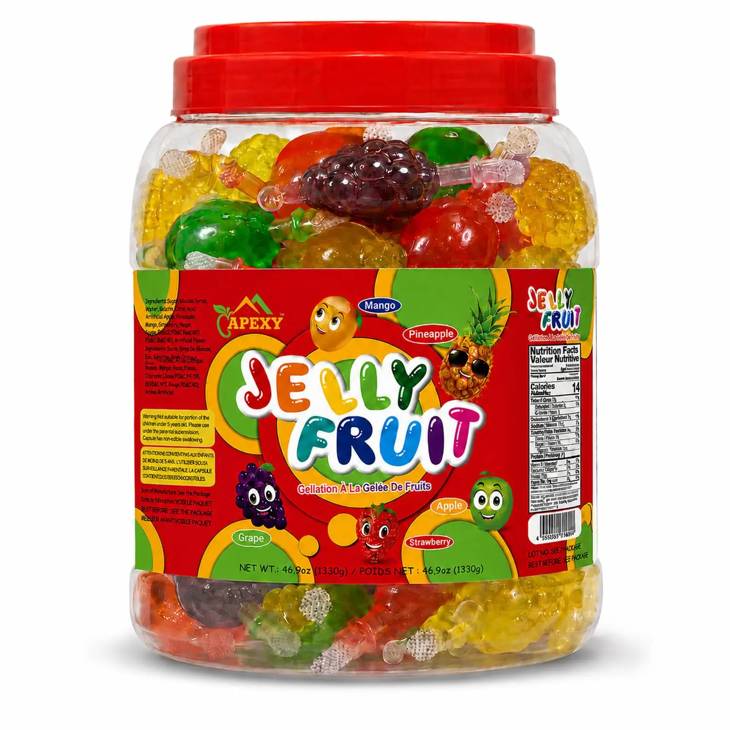 Apexy Jelly Fruit Candy – Assorted Fruit Flavors, Halloween Treat Juicy Chewy Gel Snacks, Kids & Adults Party Favors, Fun Treats for Goodie Bags & Events 46.9oz (1330g)