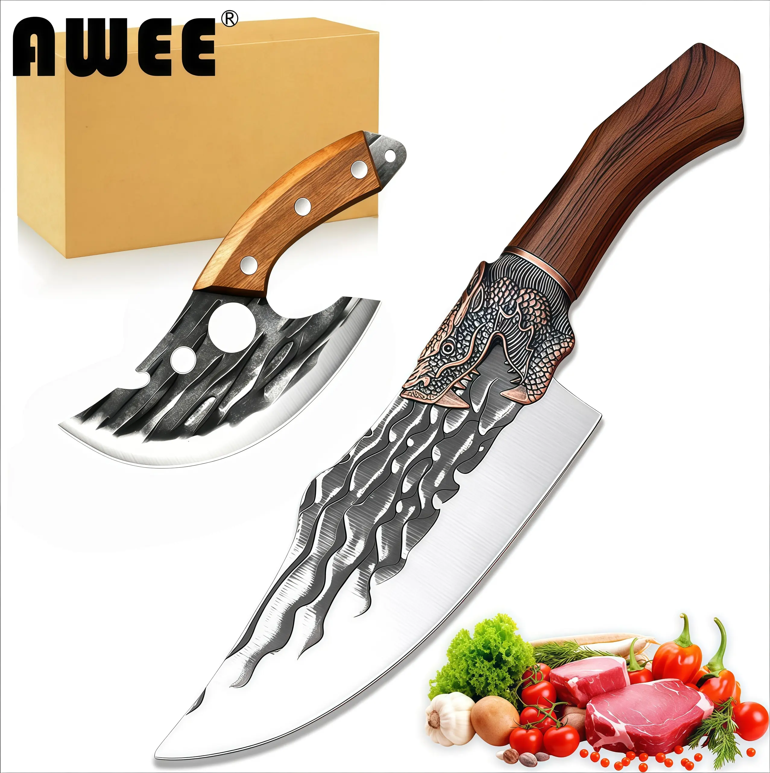 Longquan Forged Cleaver Set 11.2in Handmade Boning Knife, Viking Japanese Chef Knife for Home Camping BBQ, Perfect Father's Day Gift