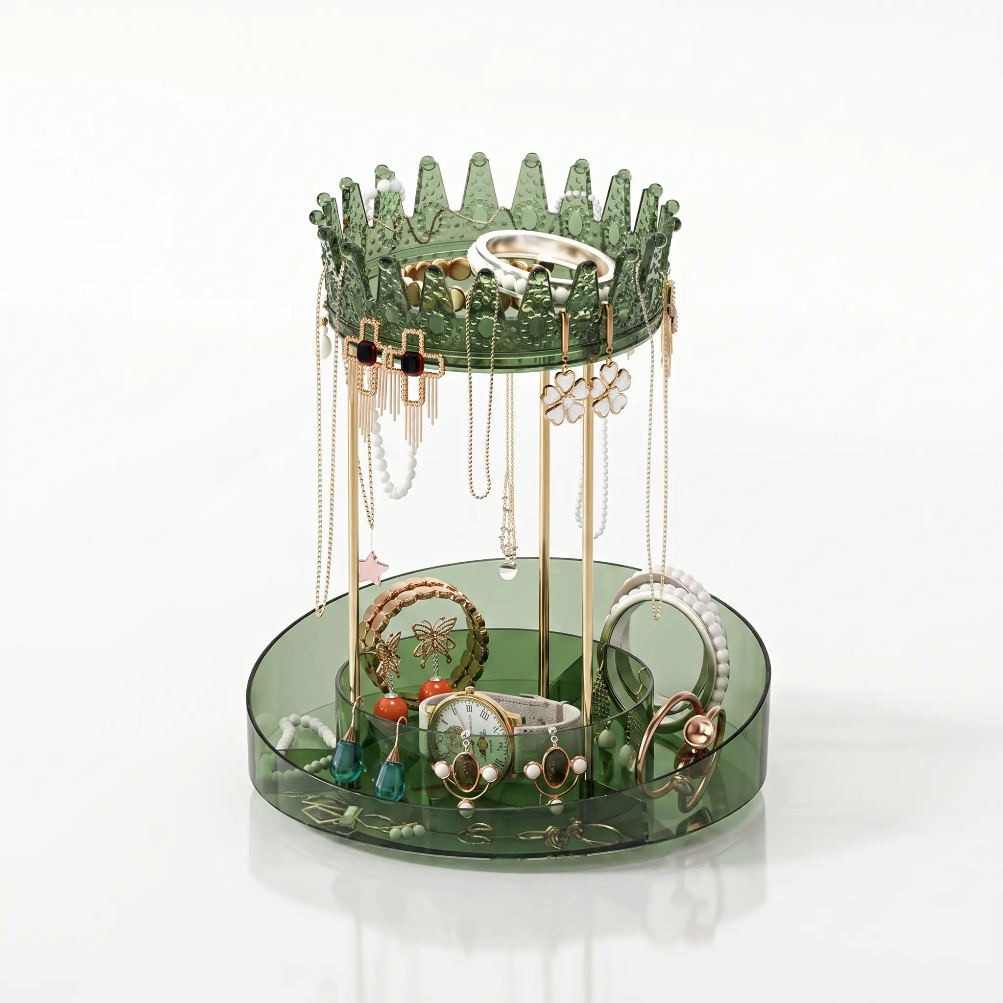 Crown Design Rotate 360° Plastic Jewelry Storage Organizer - Women's Tabletop 4-Bay Divided Organizer Racks & Displays for Necklaces, Bracelets, Watches, Perfume, Boxes with Amber Metal Parts, Cologne Stand Racks & Displays, Durable, Ring Holder Racks & D