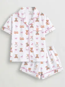 Women's 2-Piece Pajama Set, Cute Bear Theme Bow Print, Comfortable Short Sleeve Top and Elastic Shorts, Casual Home Wear Loungewear