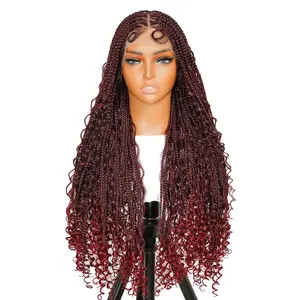 SuperNova #T1B/Bug Bohemian Braided Wigs | Knotless Goddess Locs with Curly Ends | Boho Box Braid Wig in Burgundy Red | Full Lace Triangle Synthetic Braided Wigs for Women | Natural Look with Baby Hair, Comfortable & Stylish
