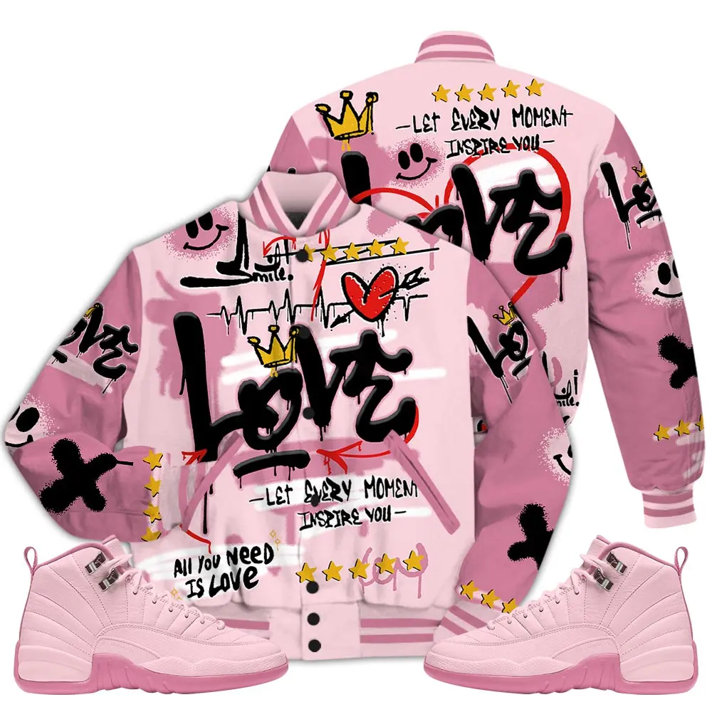 12 Retro Pearl Pink Varsity Jacket, Pearl Pink 12s Shirt, Happy Love Beats Graffiti Couples Matching Outfits Streetwear Sneaker Shirt Fabric Womenswear Athletic Casual