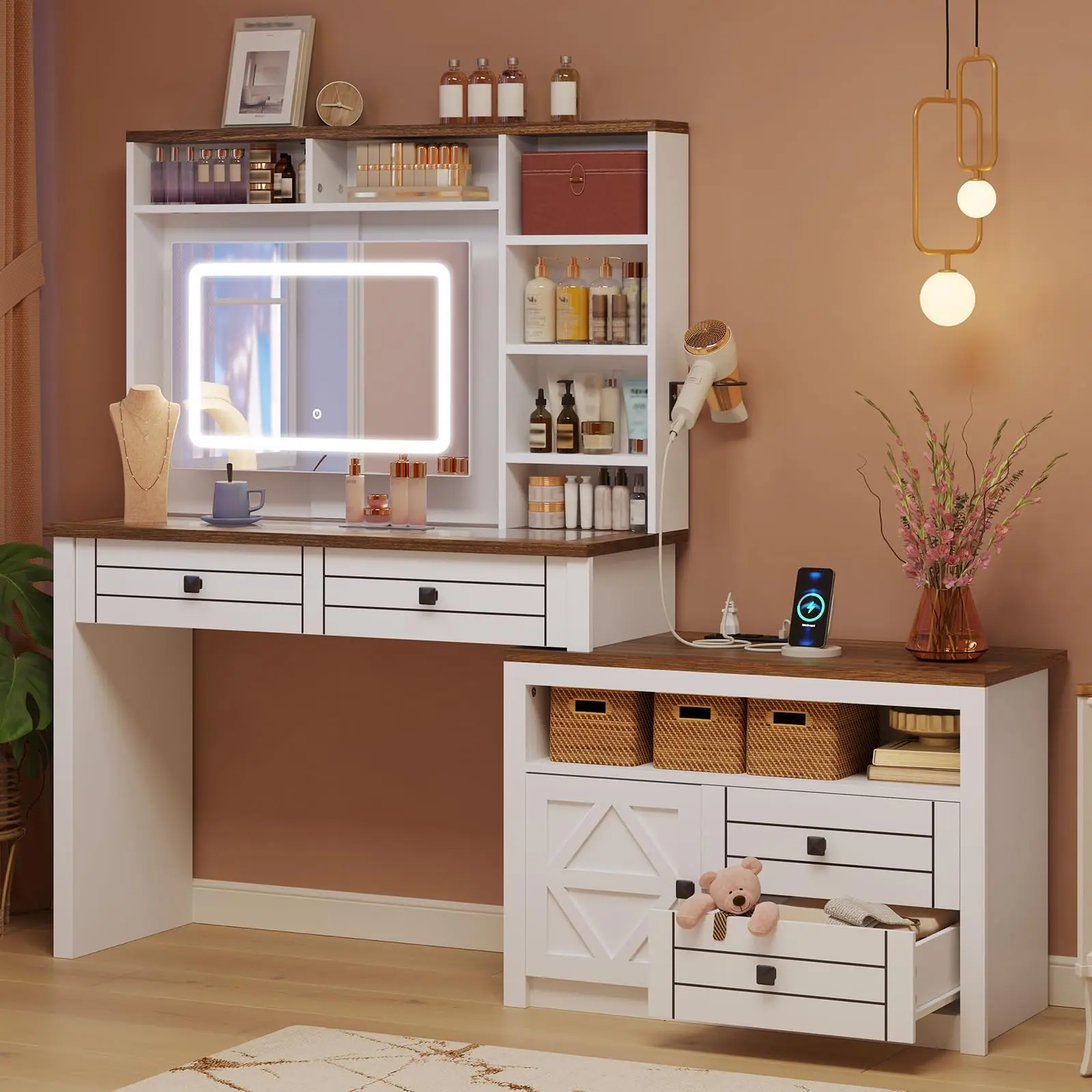 Garvee Vanity Desk with LED Lights & Touch Screen Mirror, Modern Makeup Dressing Table with 5 Drawers, 6 Shelves, Glass Top & USB Charging Station,Vanity Desk with Modular cabinet for Women's Bedroom