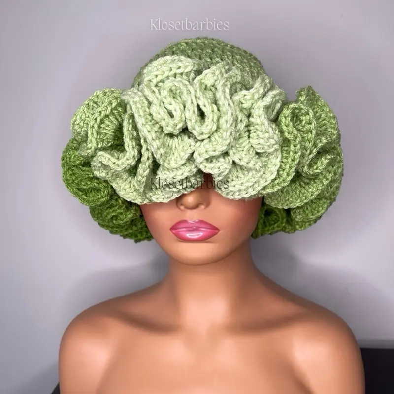 Handmade Crochet Ruffle Hat | Ombré Green Apple