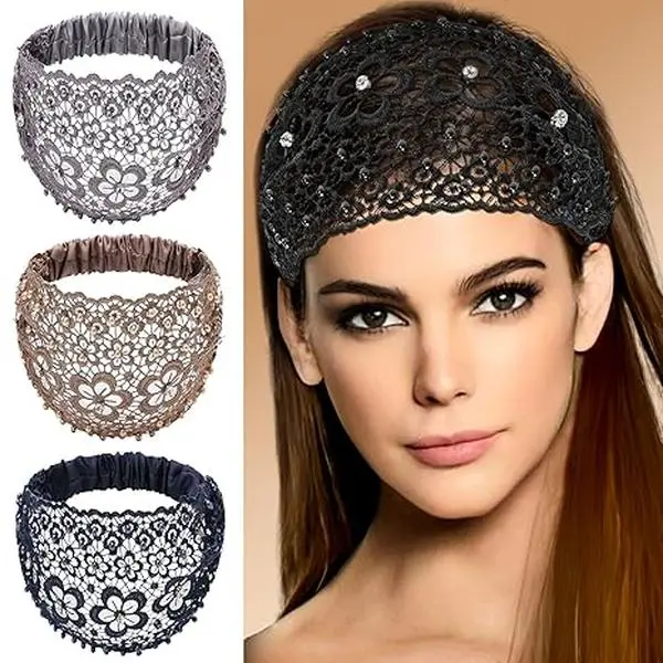 Set of 4 lace headbands for women—wide floral pearl lace elastic headbands, hair accessories for women, fashion accessory, party gift