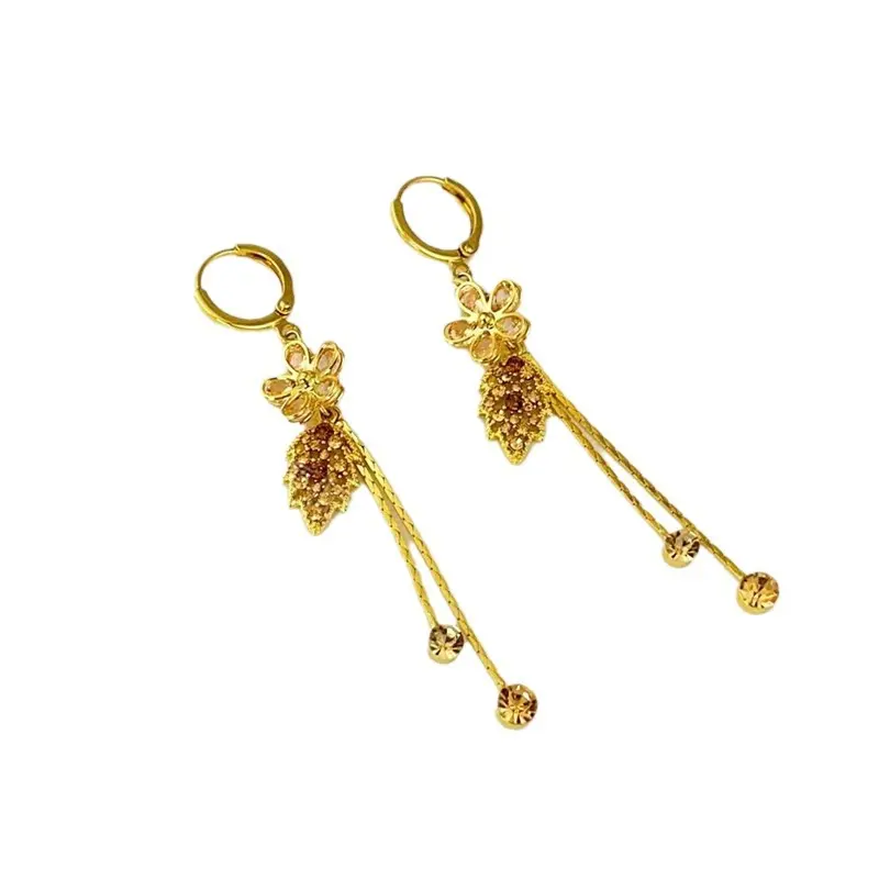 Full-Zircon Shine Flower and Leaf Tassel Fashion Dangle Drop Earrings, 2026 New Arrival Unique Floral Artificial Gemstone Jewelry, Special Occasions Accessory, Model aE50105-EH tiktokshopbacktoschool