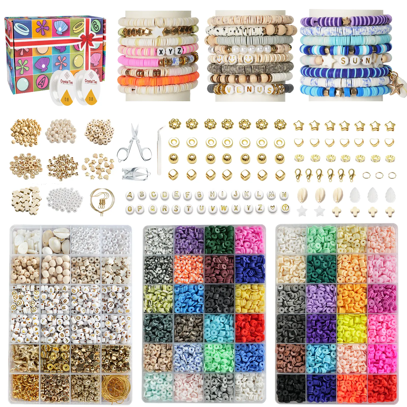 Nontoxic Polymer Clay Beading Kit - 14500 Pcs 6mm Clay Beads Set with Letter Boxes, Morandi Mix, Block Letters, Mini Assortments & Abundant Accessories for Beads Making, DIY Jewelry Crafts