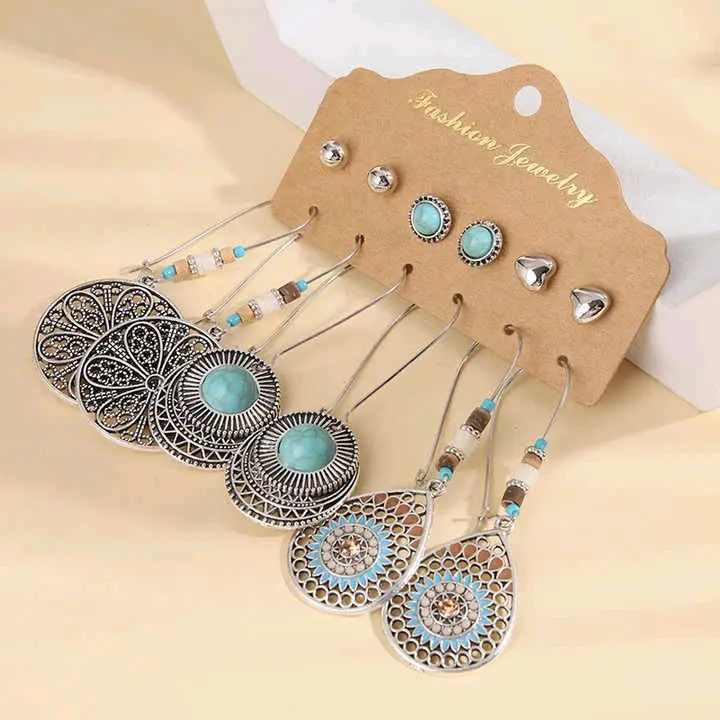 6 Pieces Sterling Earrings Set with Dangle Drops and Studs for Gypsy Indian Retro Boho Style
