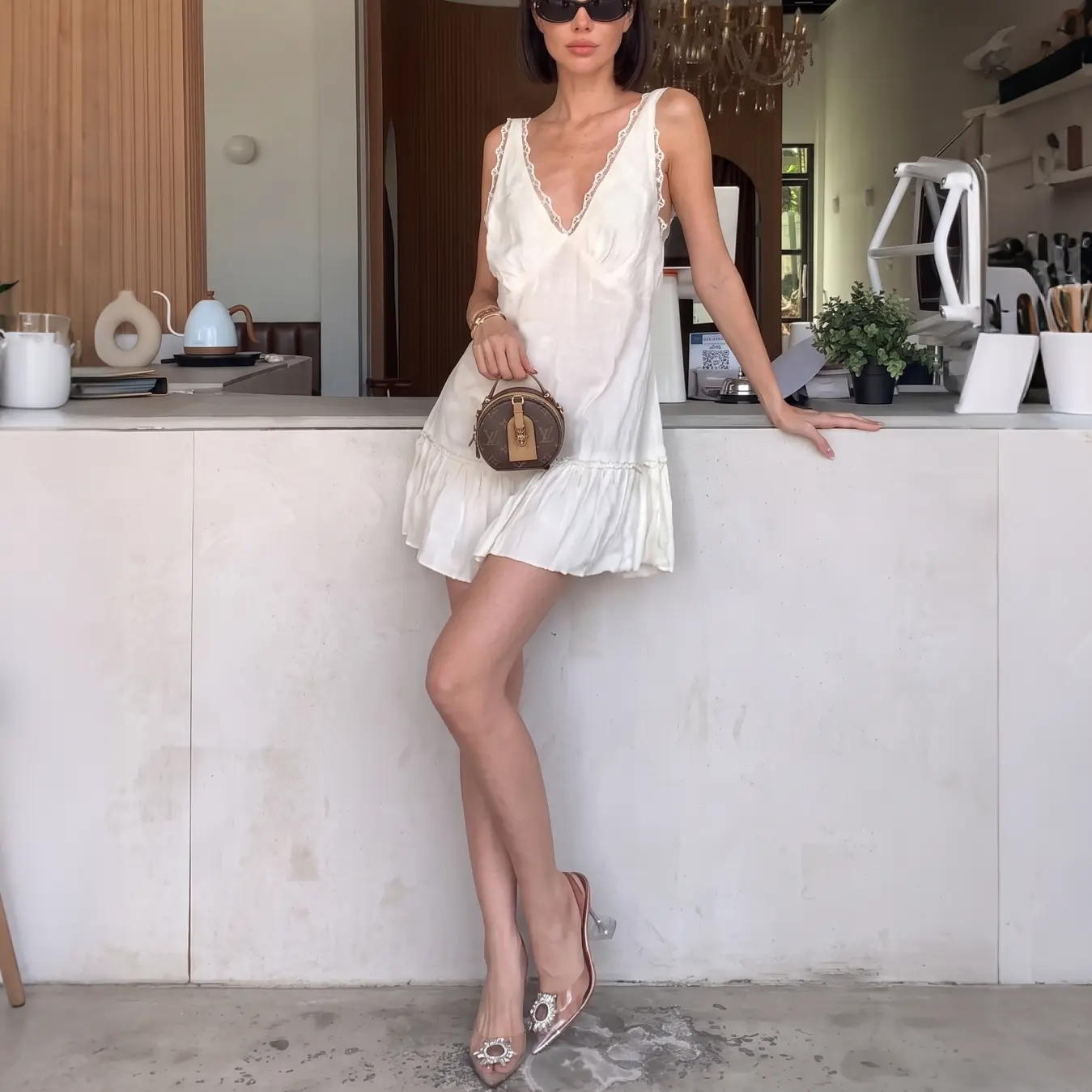 Woman's White Mini Dress Deep V Neck Lace Trim Ruffle Hem A-line Silky Satin Elastic Comfortable Summer Beach Vacation Date Night Casual Dress