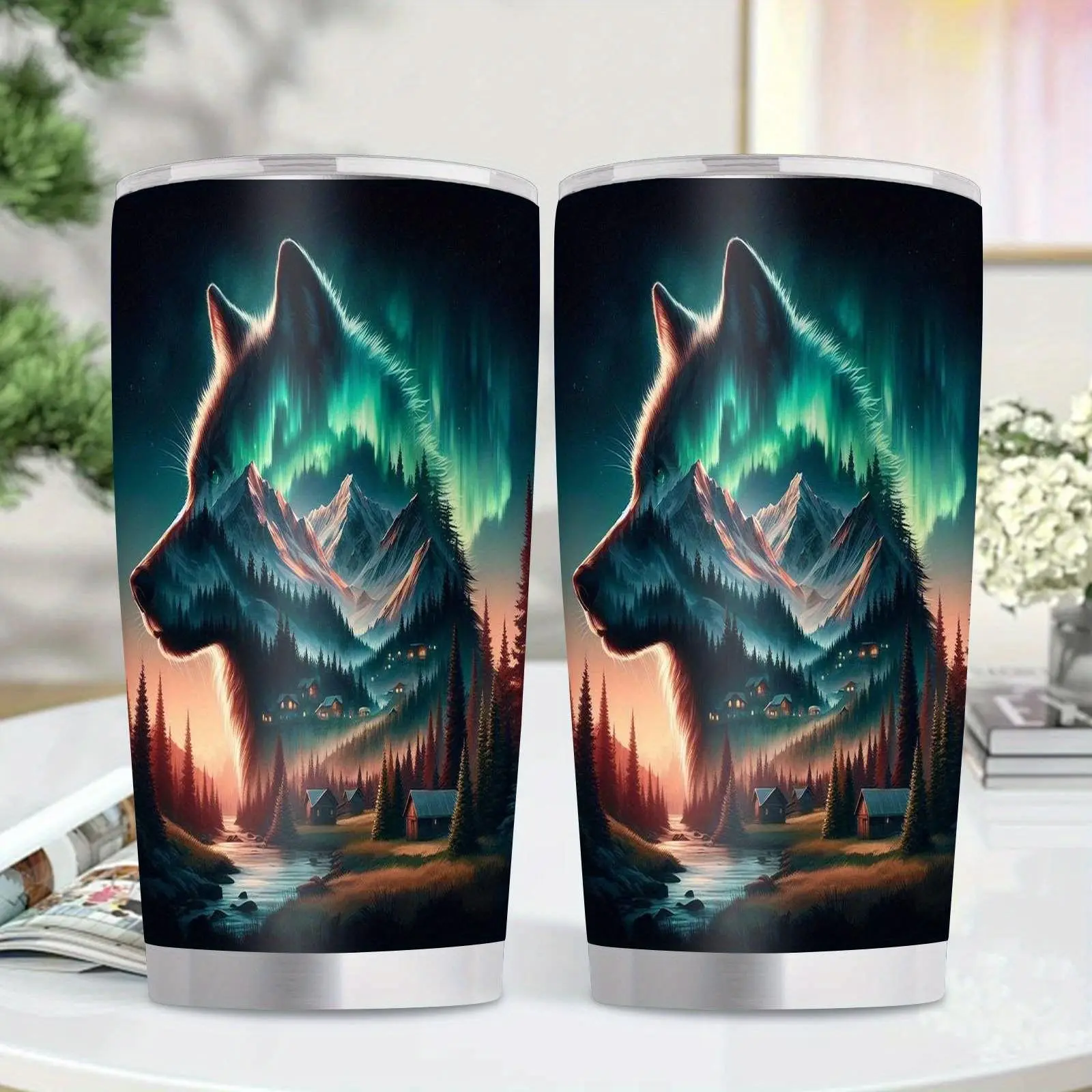 1pc 20oz Vacuum Insulated Tumbler - Leak-Proof BPA-Free Steel Double-Wall Vac. Stainless Steel Flask, Northern Lights Wolf Design, for Hot/Cold Drinks, Outdoor Hiking Camping Kitchenware Drinkware