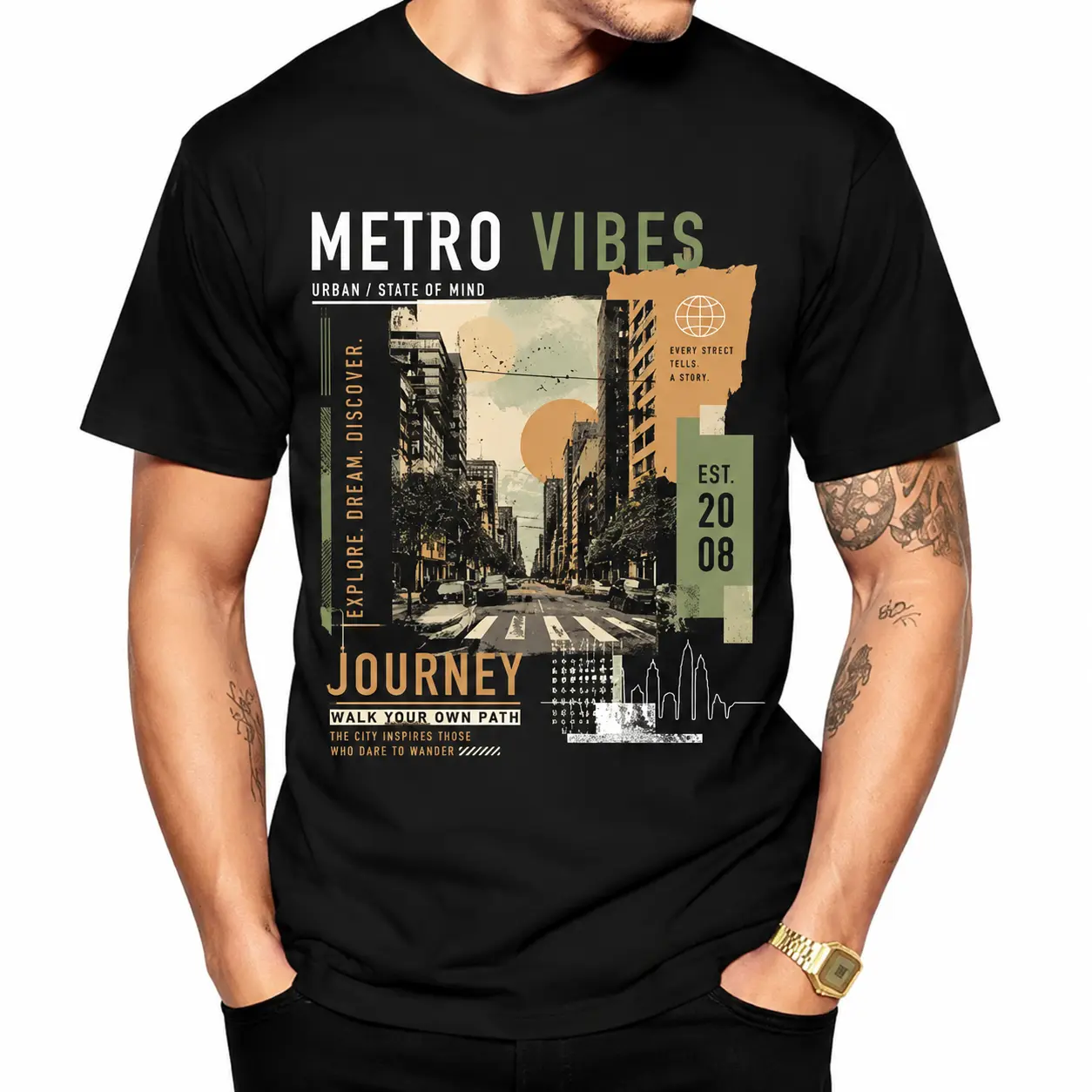 Unisex 100% Cotton Vintage Urban City Collage T-Shirt, Metro Vibes Journey Explore Dream Discover Street Graphic Crew Neck Tee, Retro Cityscape Casual Streetwear Top For Travel & Urban Lovers